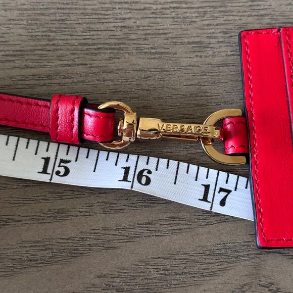 VERSACE Virtus Lanyard Red Leather Gold Barocco V Logo ID Card Case - NIB - Picture 7 of 11